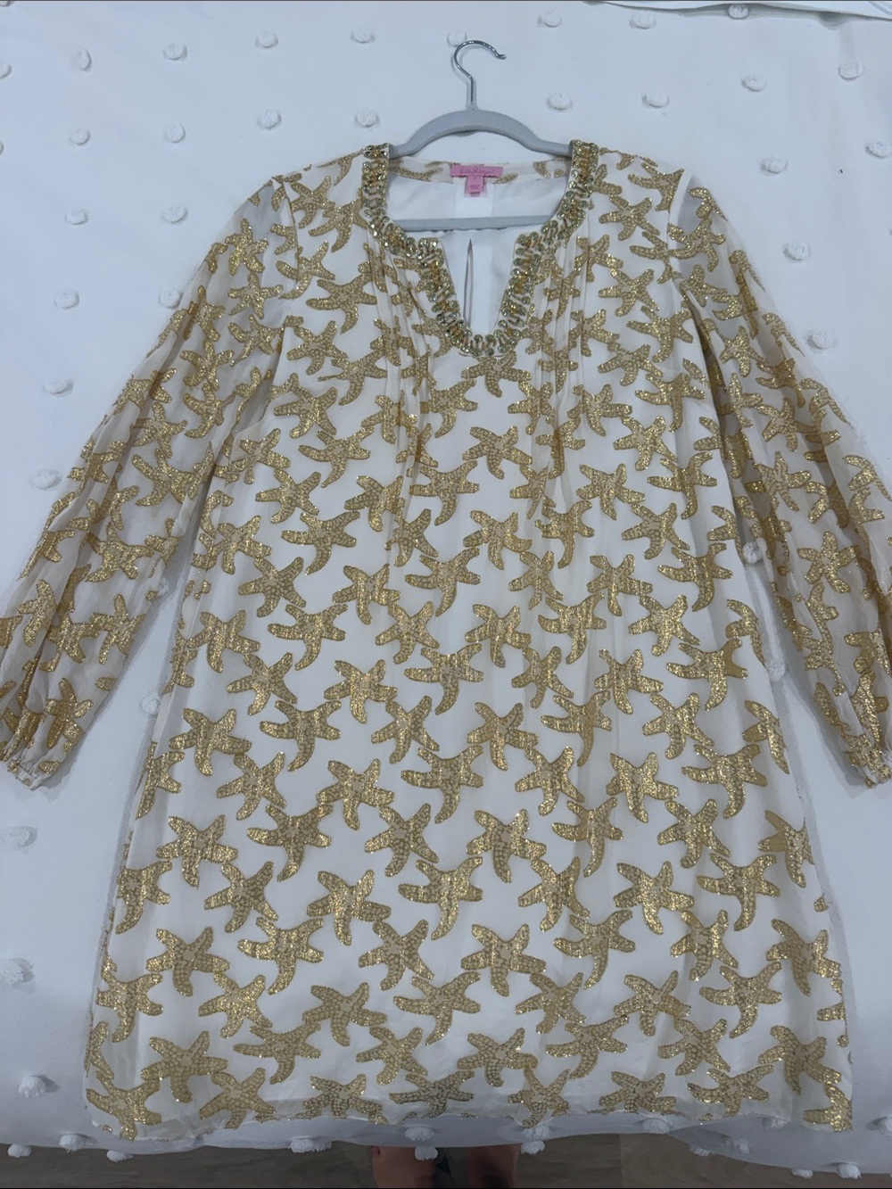 Lilly Pulitzer COLBY SILK TUNIC DRESS White Metallic GOLD STARFISH size 2